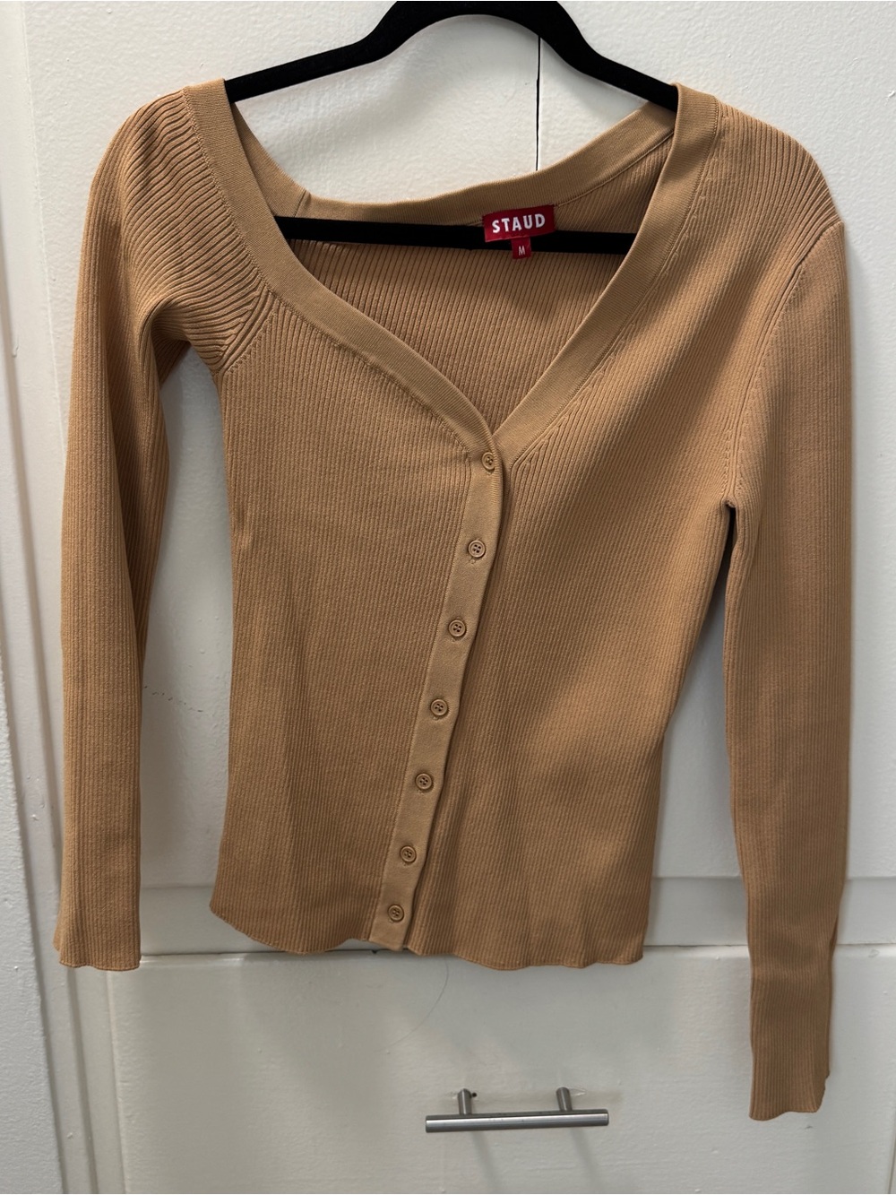 STAUD Camel Ribbed V-Neck Cardigan